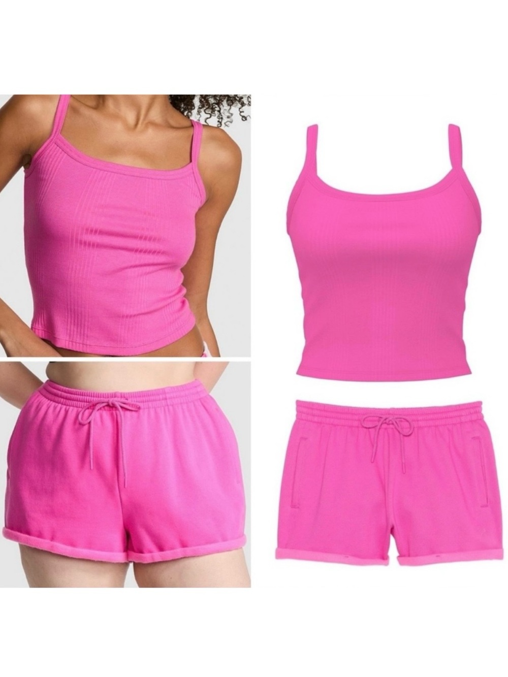 VICTORIA’S SECRET PINK Rib Cami & Campus Fleece Rolled Hem Shorts Pink Gossip L